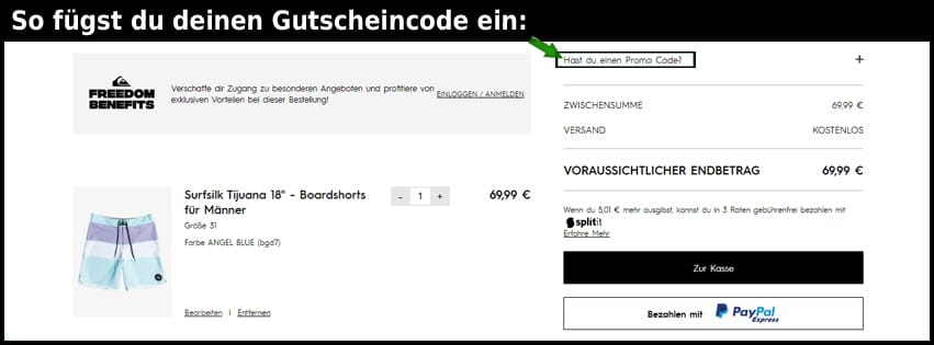 quiksilver Gutschein einfuegen und sparen schwarz