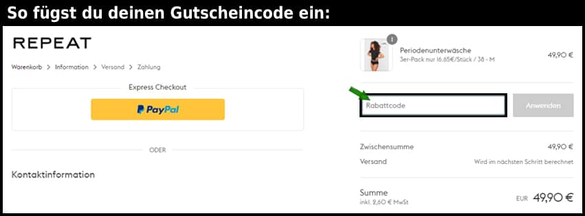 repeat-undies Gutschein einfuegen und sparen schwarz