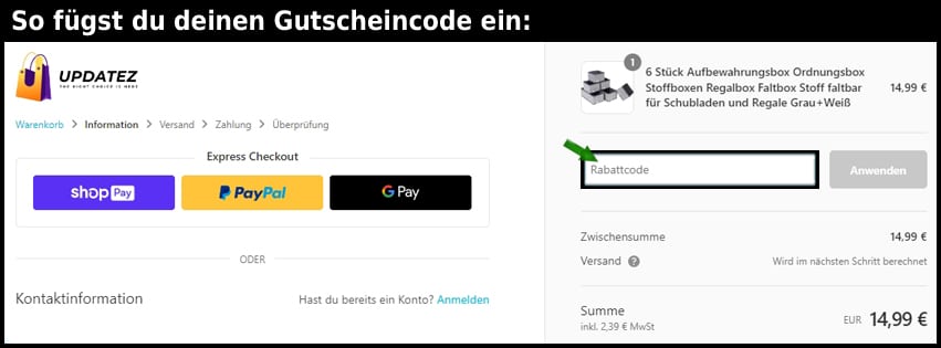 updatez Gutschein einfuegen und sparen schwarz