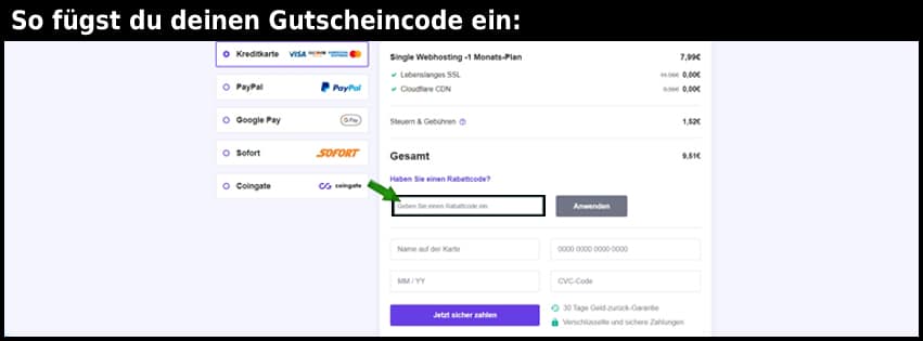 hostinger Gutschein einfuegen und sparen schwarz
