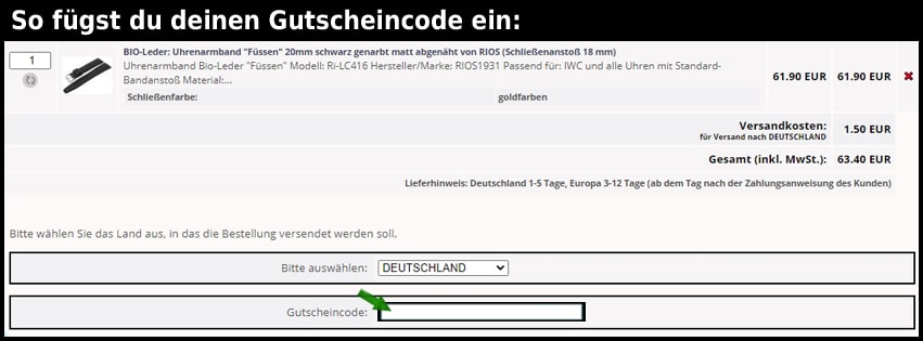 uhrenarmband-versand.de Gutschein einfuegen und sparen schwarz
