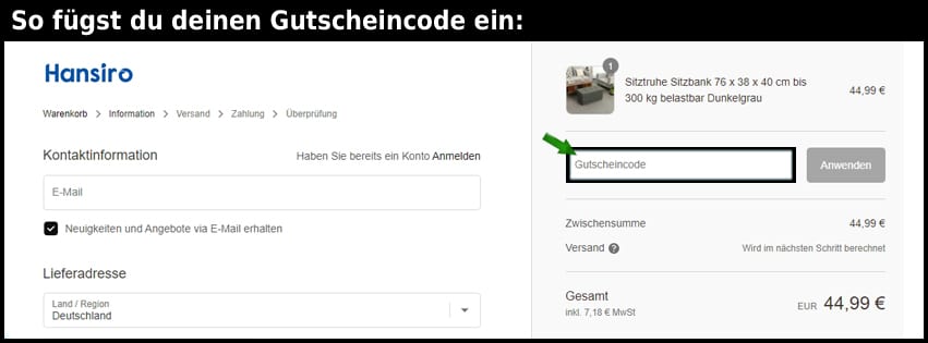 hansiro Gutschein einfuegen und sparen schwarz
