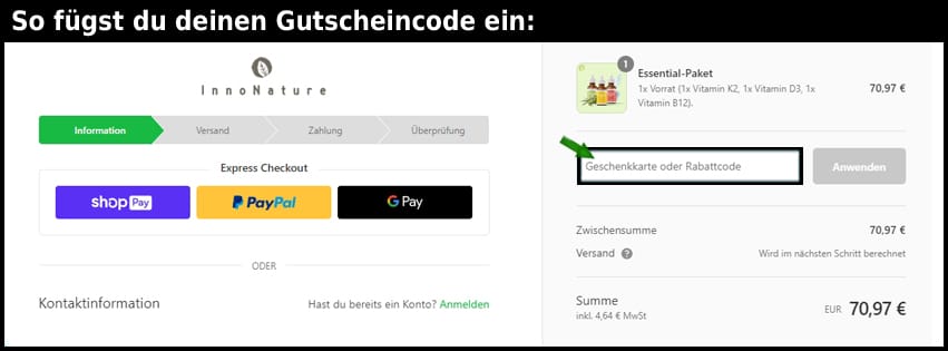 innonature Gutschein einfuegen und sparen schwarz