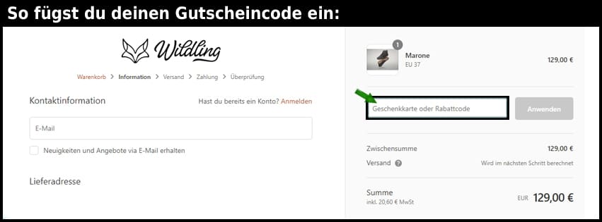 wildling Gutschein einfuegen und sparen schwarz