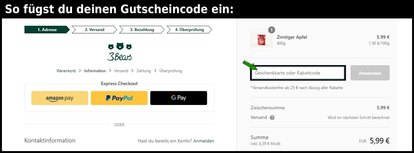 3bears Gutschein einfuegen und sparen schwarz