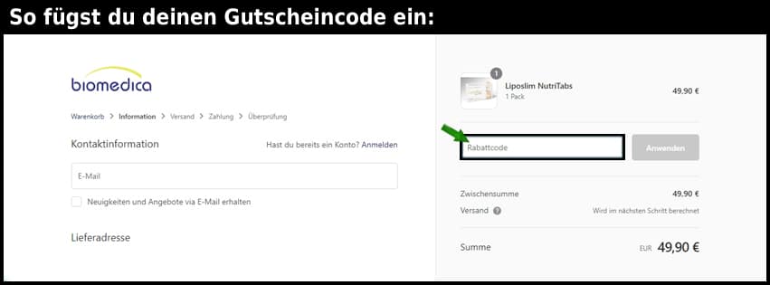 biomedica Gutschein einfuegen und sparen schwarz