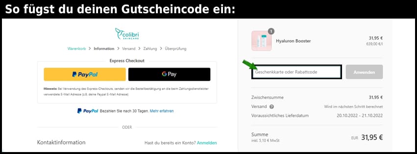 colibriskincare Gutschein einfuegen und sparen schwarz