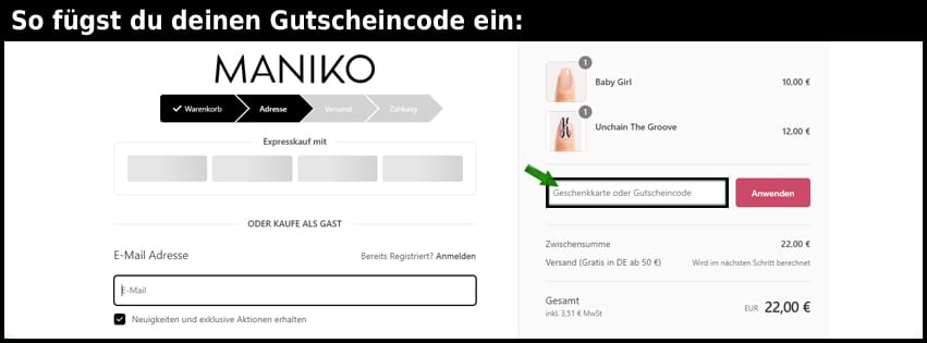 maniko Gutschein einfuegen und sparen schwarz