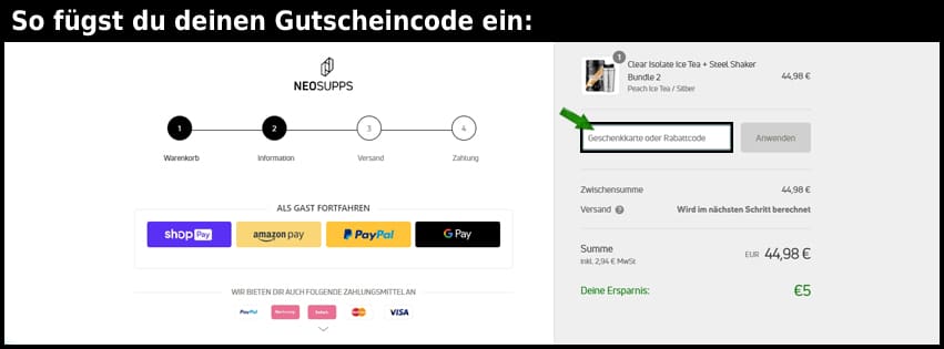 neosupps Gutschein einfuegen und sparen schwarz