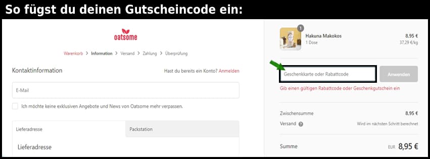 oatsome Gutschein einfuegen und sparen schwarz