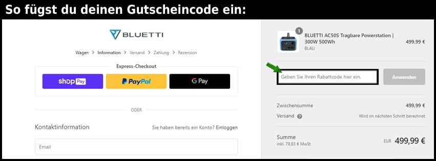 bluettipower Gutschein einfuegen und sparen schwarz