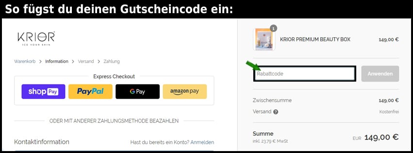 krior Gutschein einfuegen und sparen schwarz