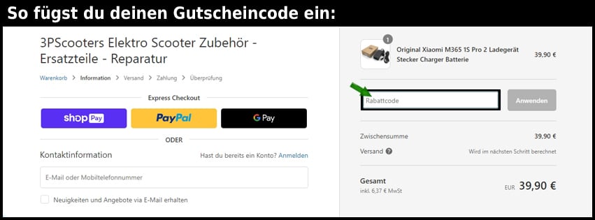 3pscooters Gutschein einfuegen und sparen schwarz
