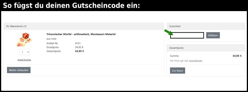montessori-shop Gutschein einfuegen und sparen schwarz