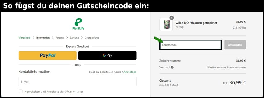 plantlife Gutschein einfuegen und sparen schwarz