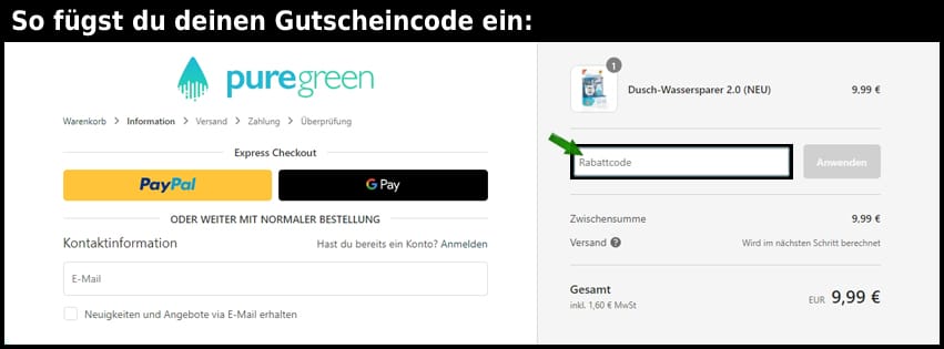 puregreen Gutschein einfuegen und sparen schwarz