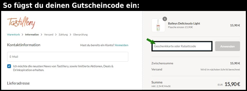 tastillery Gutschein einfuegen und sparen schwarz