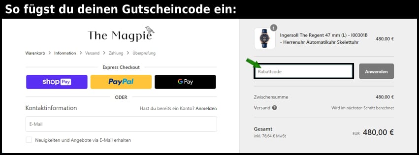 the-magpie Gutschein einfuegen und sparen schwarz