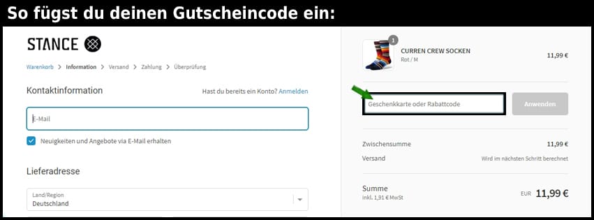 Stance Gutschein einfuegen und sparen schwarz