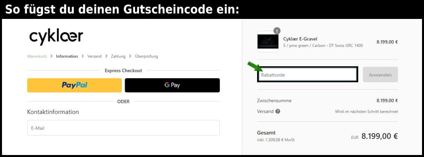 cyklaer Gutschein einfuegen und sparen schwarz