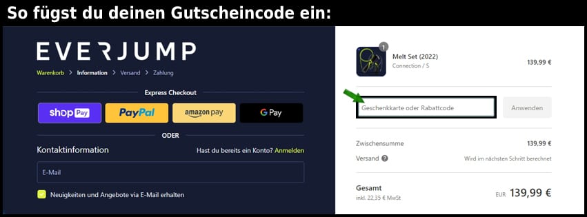 everjump Gutschein einfuegen und sparen schwarz