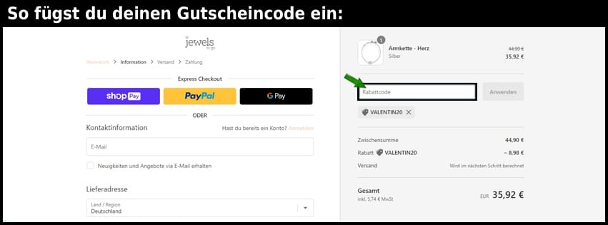 jewelstogo Gutschein einfuegen und sparen schwarz