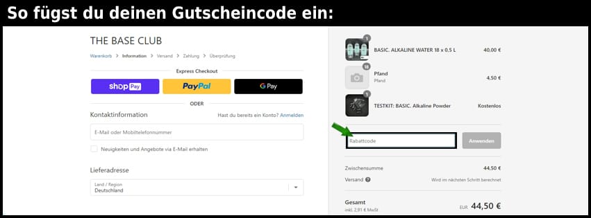 thebaseclub Gutschein einfuegen und sparen schwarz