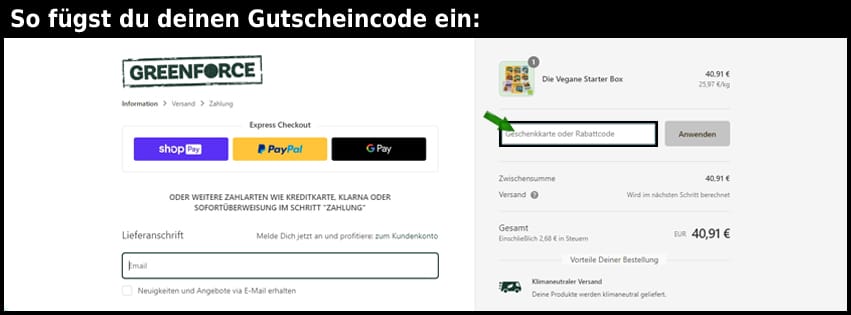 greenforce Gutschein einfuegen und sparen schwarz