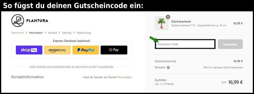 plantura Gutschein einfuegen und sparen schwarz