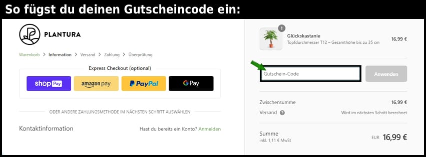 plantura Gutschein einfuegen und sparen schwarz