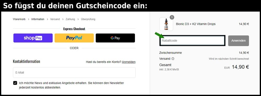 bionicbest Gutschein einfuegen und sparen schwarz