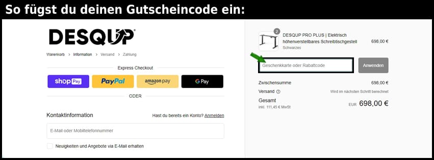 desqup Gutschein einfuegen und sparen schwarz
