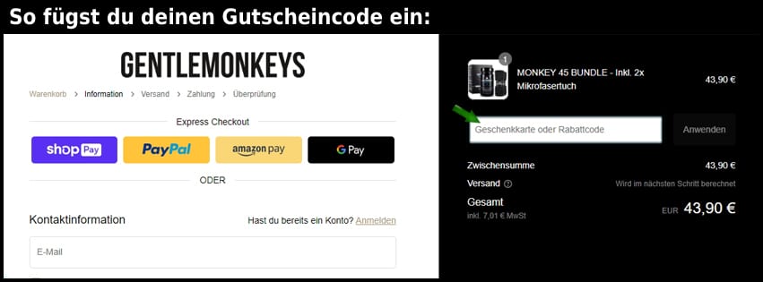 gentlemonkeys Gutschein einfuegen und sparen schwarz