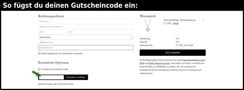 renesim Gutschein einfuegen und sparen schwarz