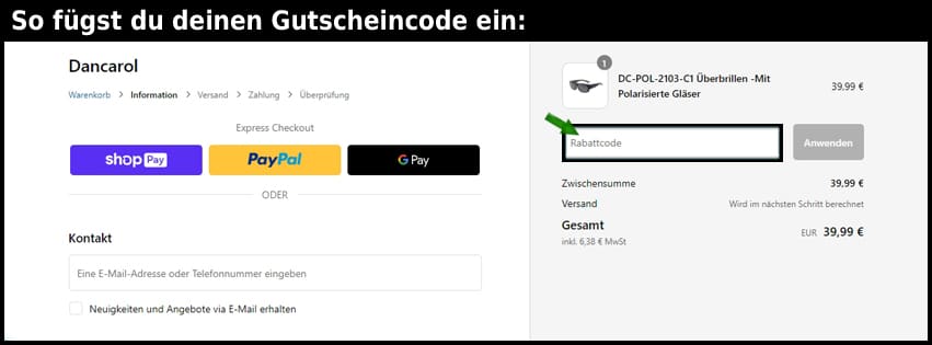 dancarol Gutschein einfuegen und sparen schwarz