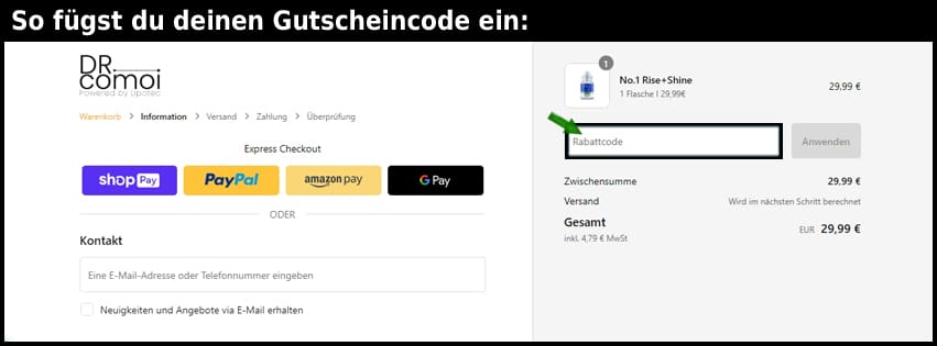 drcomoi Gutschein einfuegen und sparen schwarz