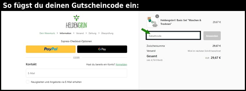 heldengruen Gutschein einfuegen und sparen schwarz