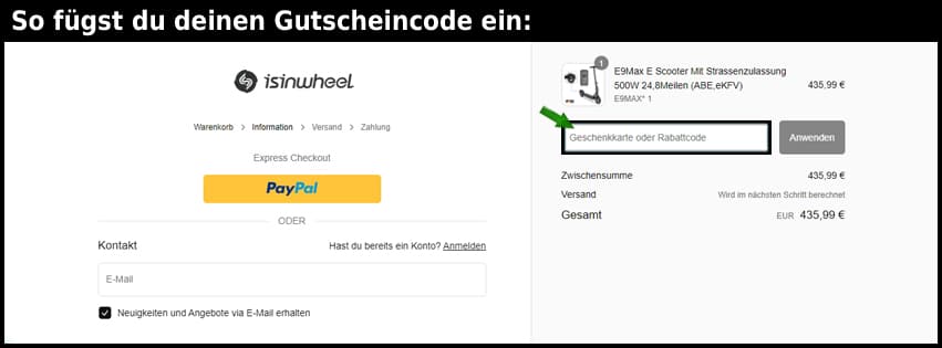 isinwheel Gutschein einfuegen und sparen schwarz