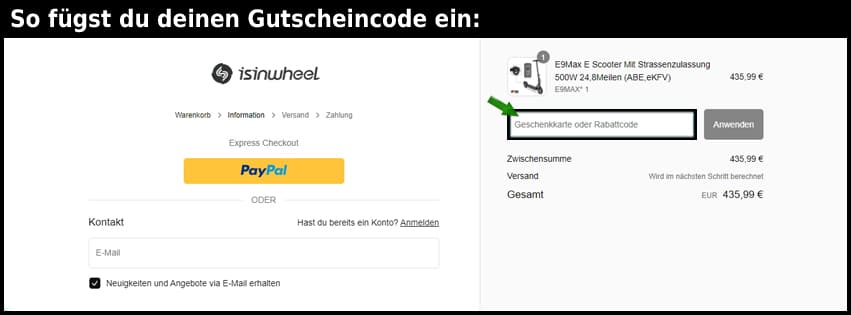 isinwheel Gutschein einfuegen und sparen schwarz
