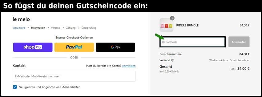 le-melo Gutschein einfuegen und sparen schwarz