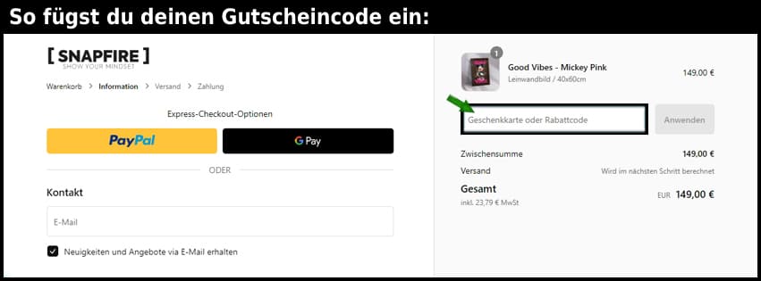 snapfire Gutschein einfuegen und sparen schwarz
