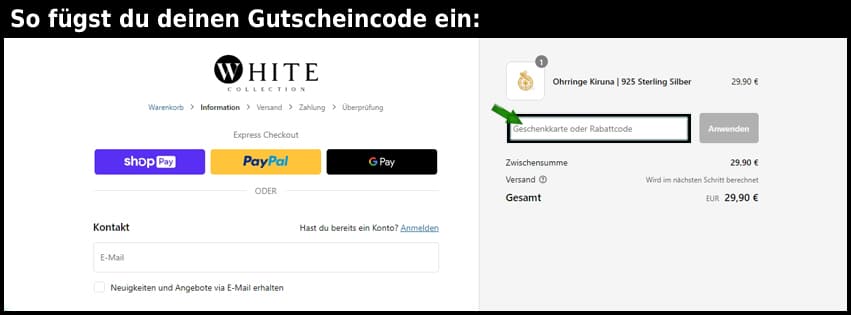 whitecollection Gutschein einfuegen und sparen schwarz