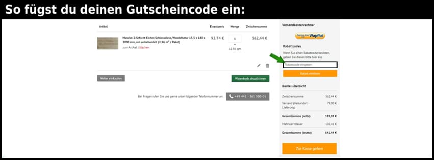 Woodstore24 Gutschein einfuegen und sparen schwarz