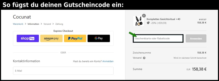 cocunat Gutschein einfuegen und sparen schwarz