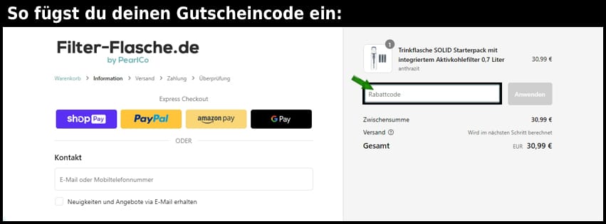 filter-flasche.de Gutschein einfuegen und sparen schwarz