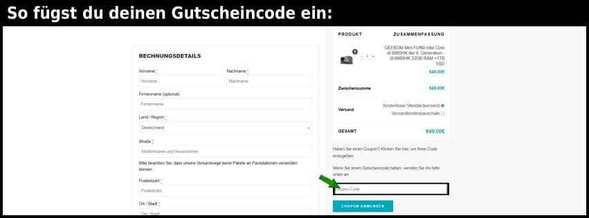geekom Gutschein einfuegen und sparen schwarz