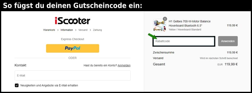 iscooterglobal Gutschein einfuegen und sparen schwarz
