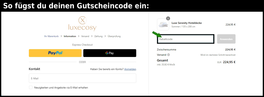 luxecosy Gutschein einfuegen und sparen schwarz
