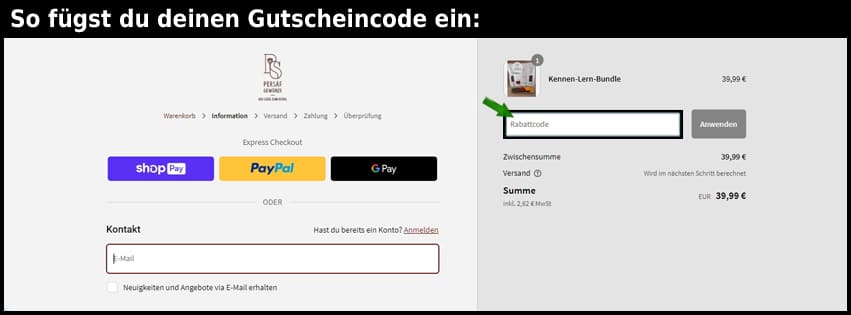 persaf Gutschein einfuegen und sparen schwarz