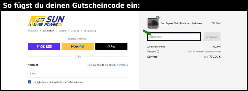 sunpower4u Gutschein einfuegen und sparen schwarz
